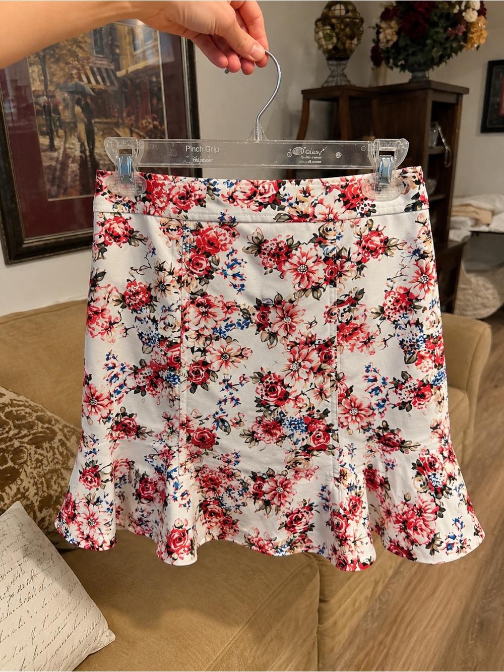 White House Black Market White Floral Skirt with Pink and Red Blooms